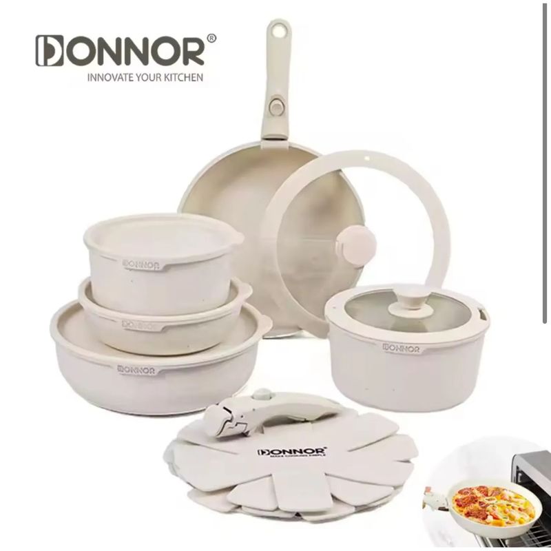 GENERICO - Set Juego Ollas 17 Piezas Granito Marmol Antiadherente Donnor Crema