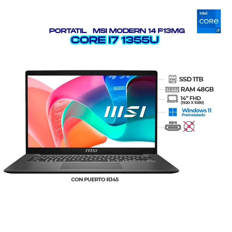 MSI - PORTATIL MSI MODERN F13MG INTEL CORE I7 1355U - RAM 48GB DDR4 - SSD 1TB NMVE - IPS FHD