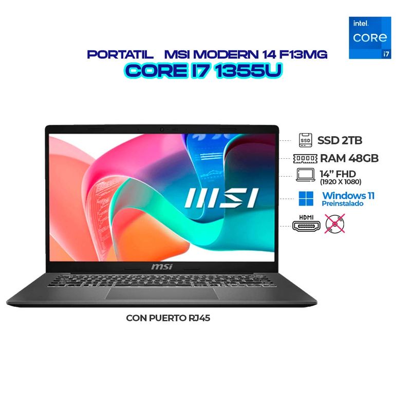 MSI - PORTATIL MSI MODERN F13MG INTEL CORE I7 1355U - RAM 48GB DDR4 - SSD 2TB NMVE - IPS FHD - RJ45