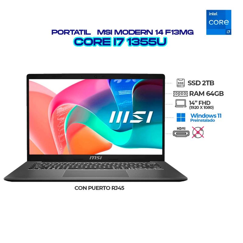 MSI - PORTATIL MSI MODERN F13MG INTEL CORE I7 1355U - RAM 64GB DDR4 - SSD 2TB NMVE - IPS FHD - RJ45