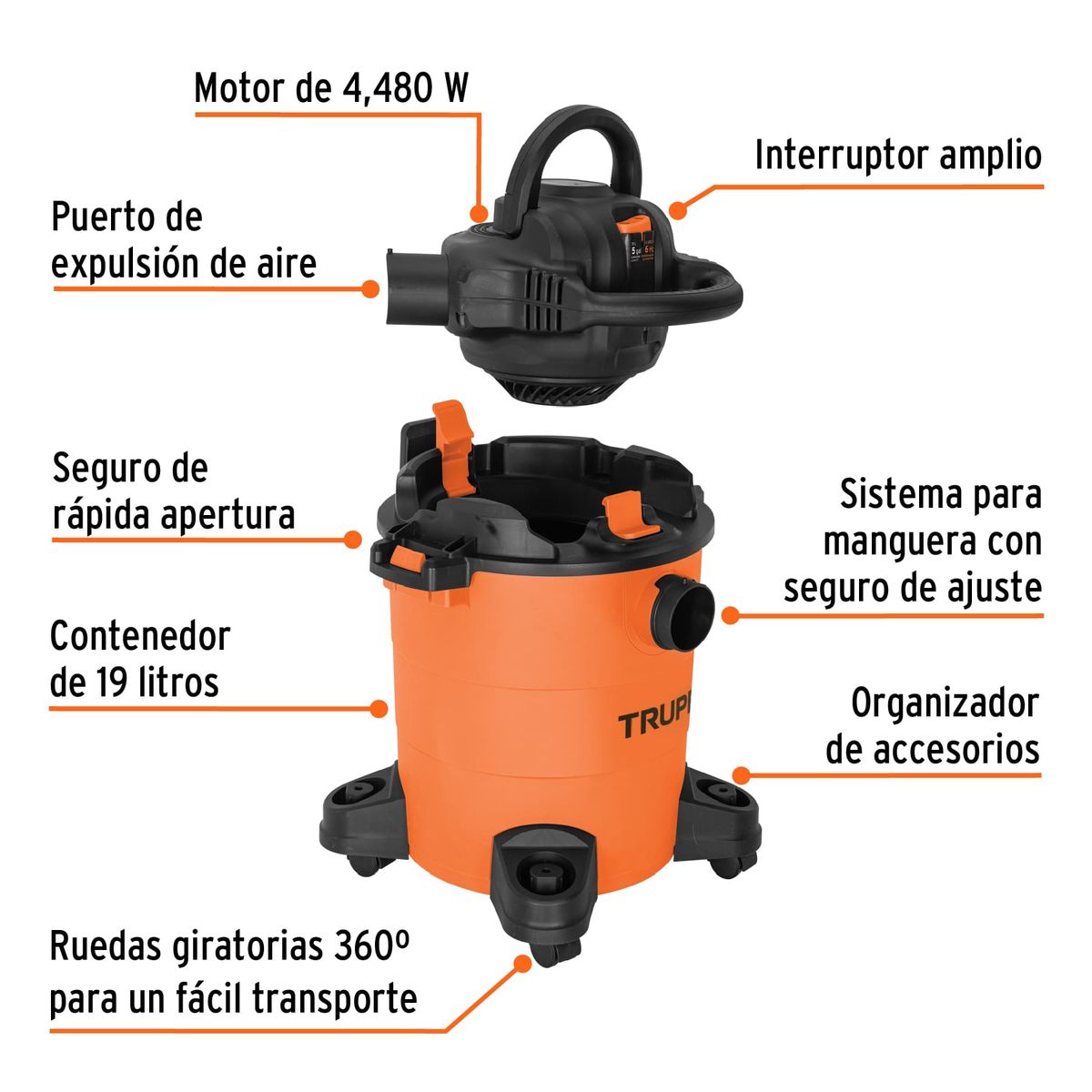 TRUPER - Aspiradora Sopladora 4480 W 19 L Truper Sólidos Y Líquidos