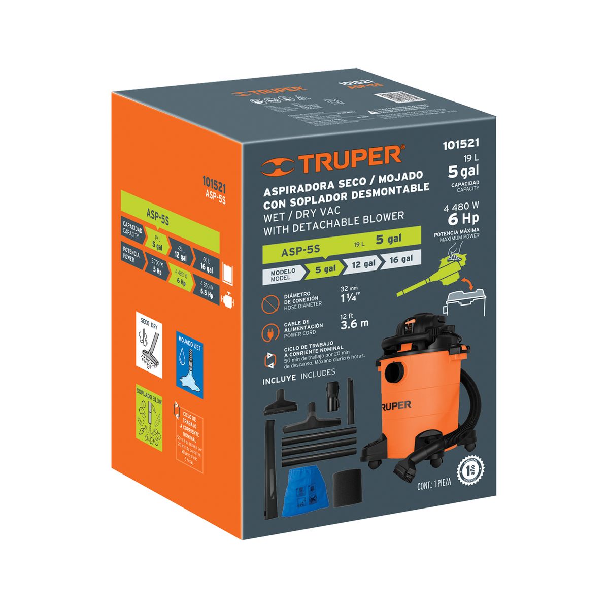 TRUPER - Aspiradora Sopladora 4480 W 19 L Truper Sólidos Y Líquidos