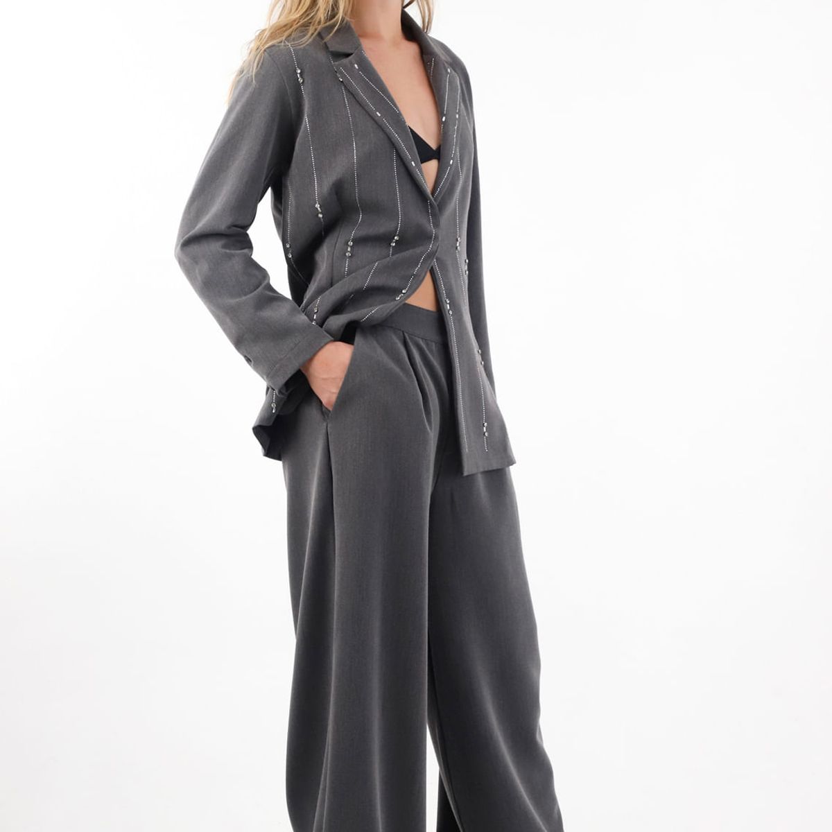 TENNIS - Pantalón Wide Leg tela tipo sastre gris para mujer