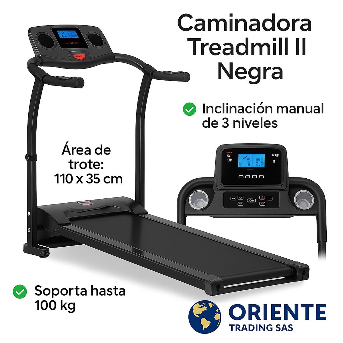 ORIENTE TRADING - Caminadora Trotadora Treadmill II Negra-Plegable-Pantalla LCD-Cardio en Casa