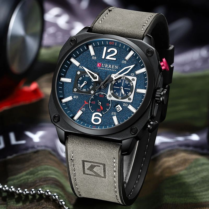 CURREN - RELOJ CURREN ORIGINAL CUERO CRONOGRAFO M8398 GRIS AZUL