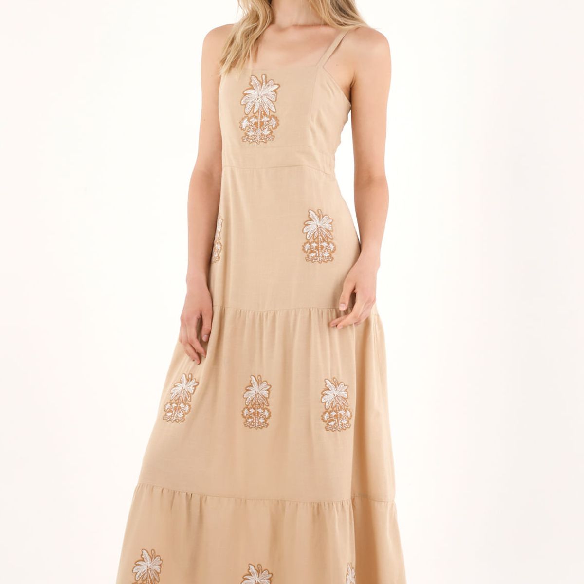 TENNIS - Vestido largo con vuelo y apliques bordados crudo para mujer