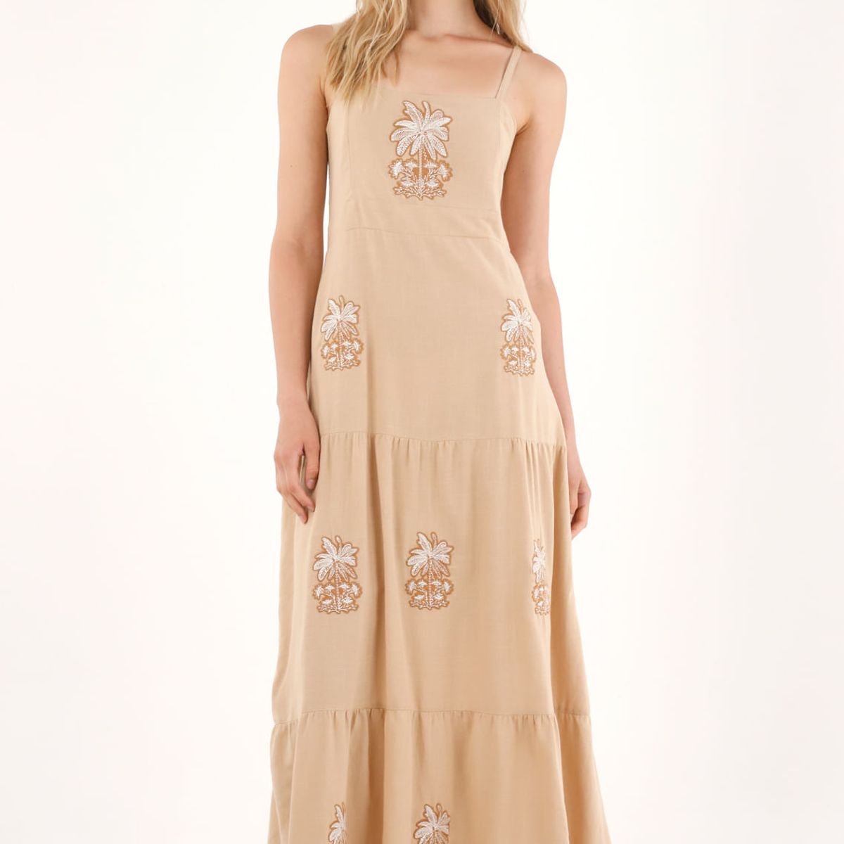 TENNIS - Vestido largo con vuelo y apliques bordados crudo para mujer