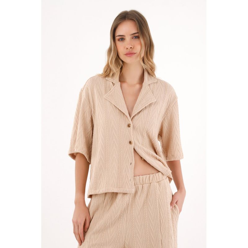 TOPMARK - Camisa manga corta tejida café para mujer