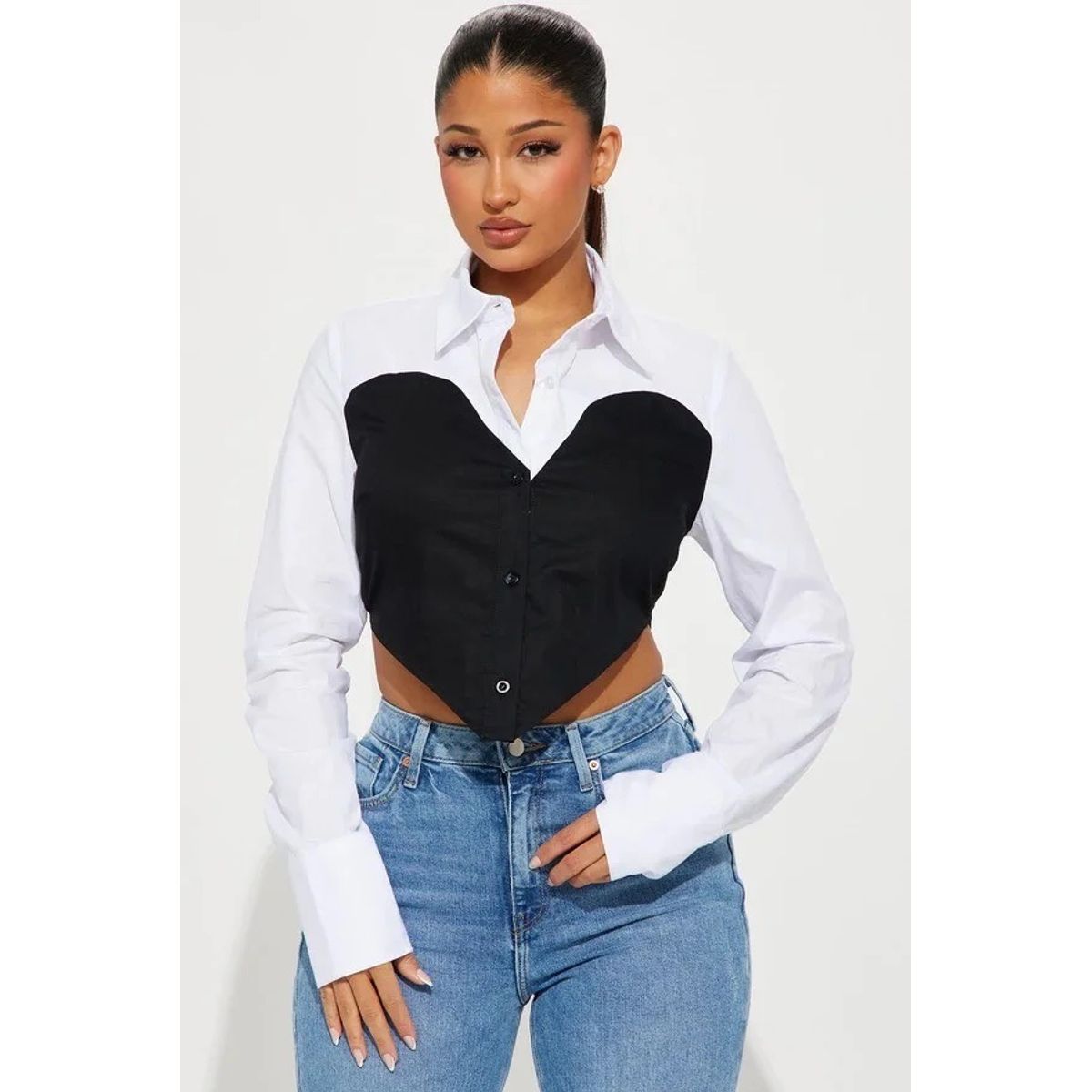 VANN - Camisa Corta Para Mujer Bow Shirt Blanco Y Negro