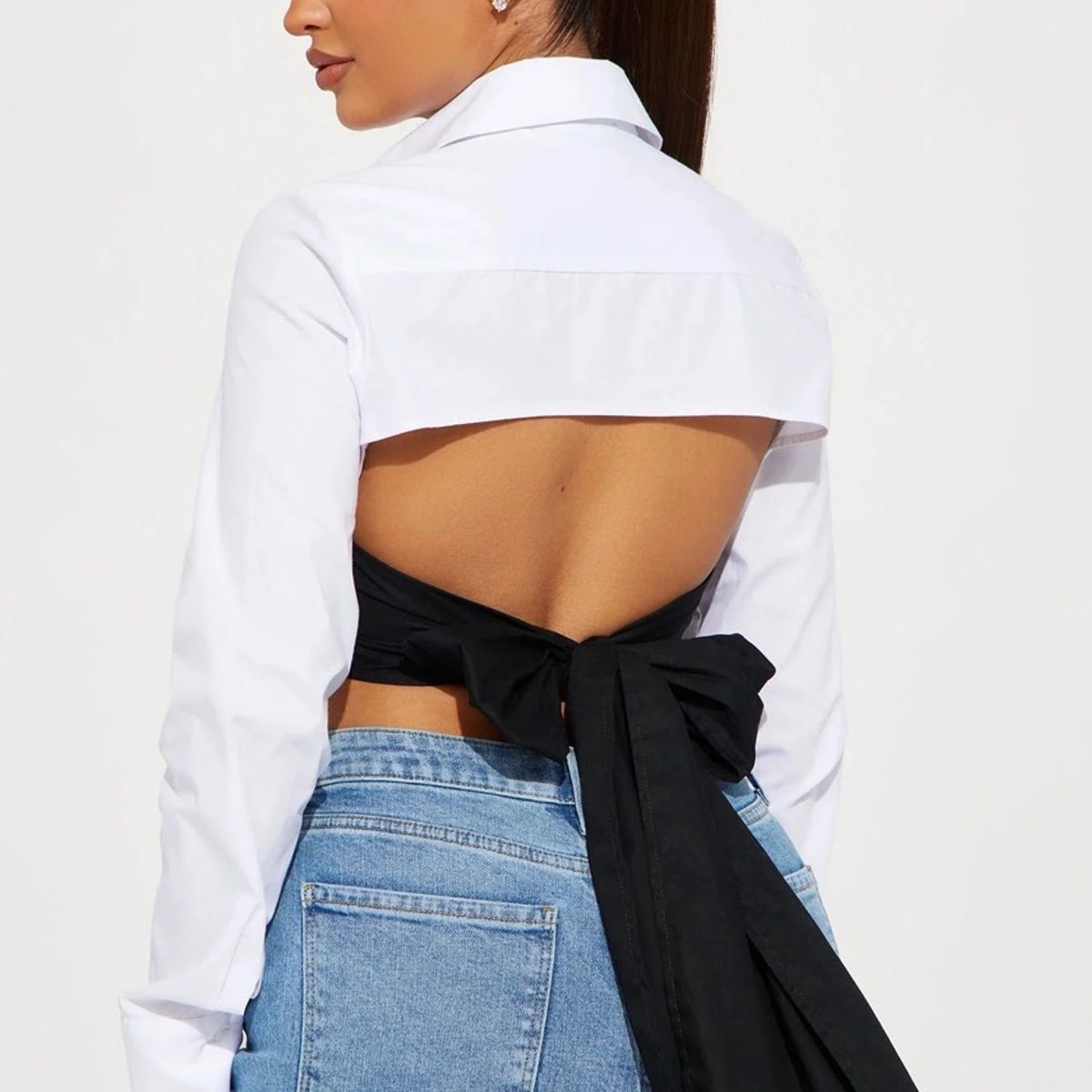 VANN - Camisa Corta Para Mujer Bow Shirt Blanco Y Negro