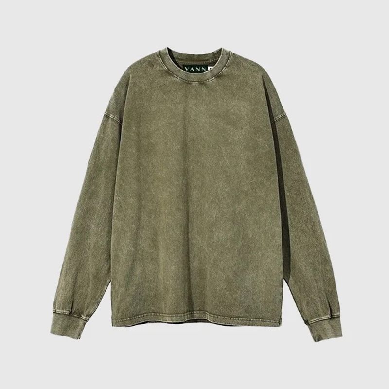 VANN - Camiseta Manga Larga En Algodón Crewneck Distressed Verde