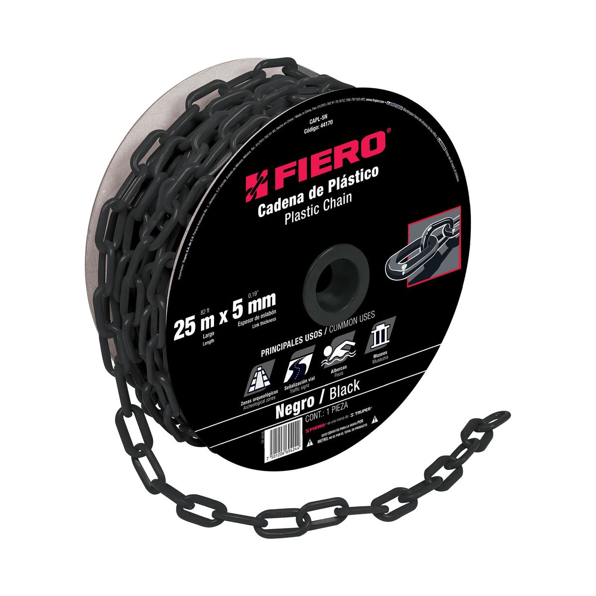 FIERO - Carrete De Cadena Plástica Negra De 25 M Espesor 5 Mm Fiero