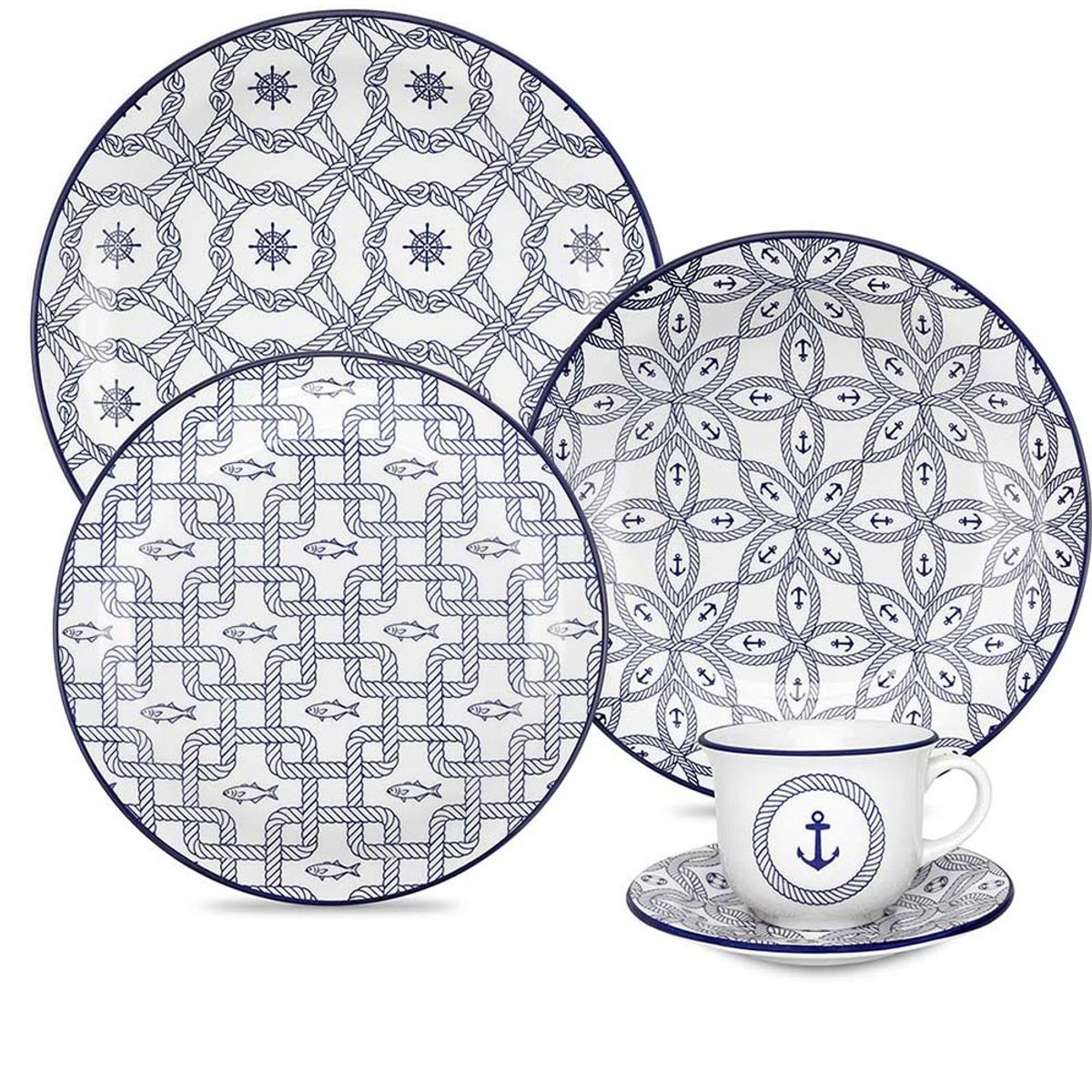 OXFORD - Vajilla Cerámica 20 Piezas 4 Puestos Diseño Náutico Oxford
