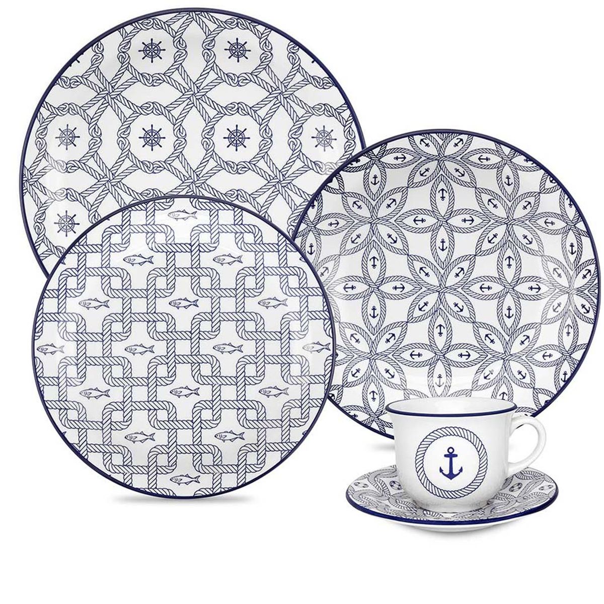 OXFORD - Vajilla Cerámica 20 Piezas 4 Puestos Diseño Náutico Oxford