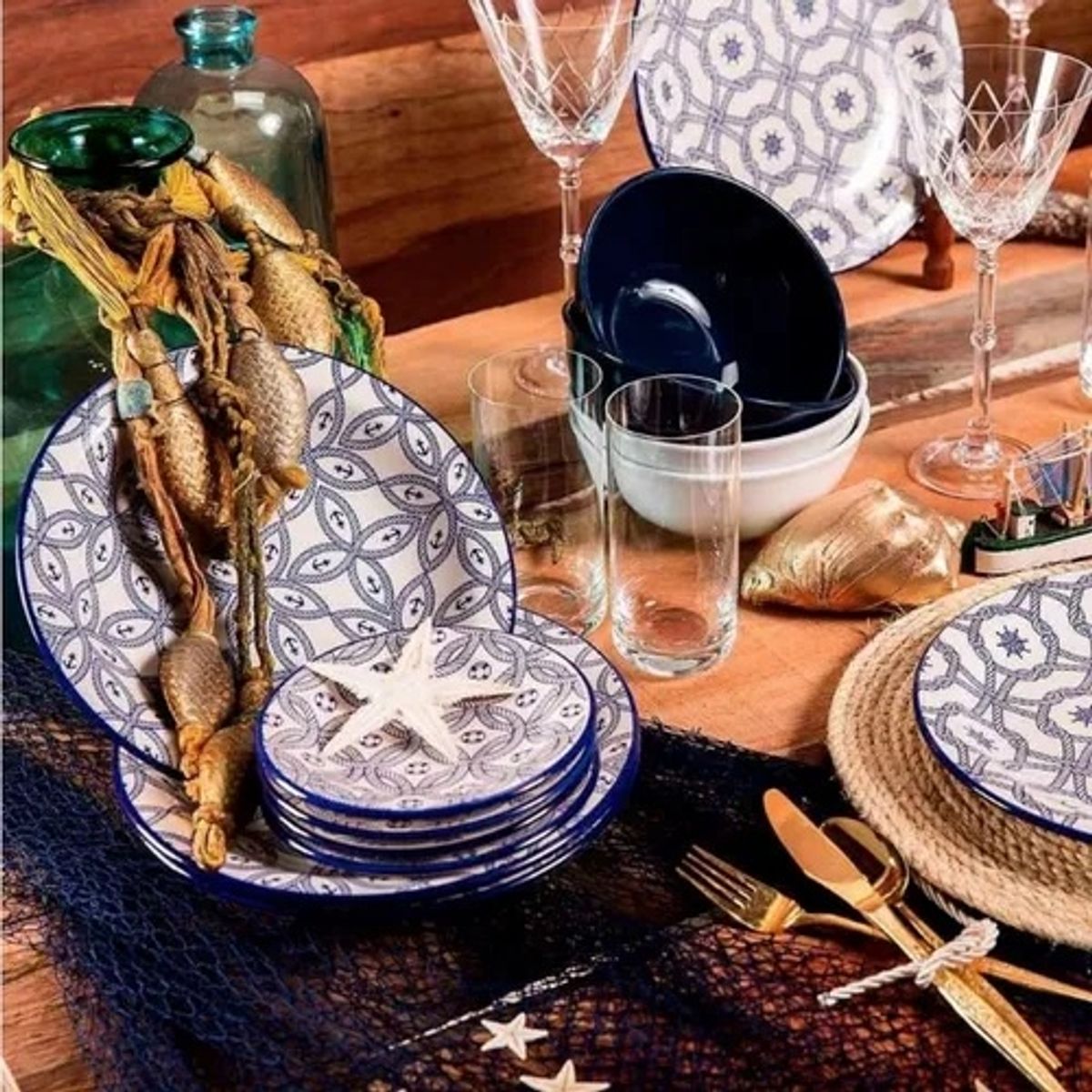 OXFORD - Vajilla Cerámica 20 Piezas 4 Puestos Diseño Náutico Oxford