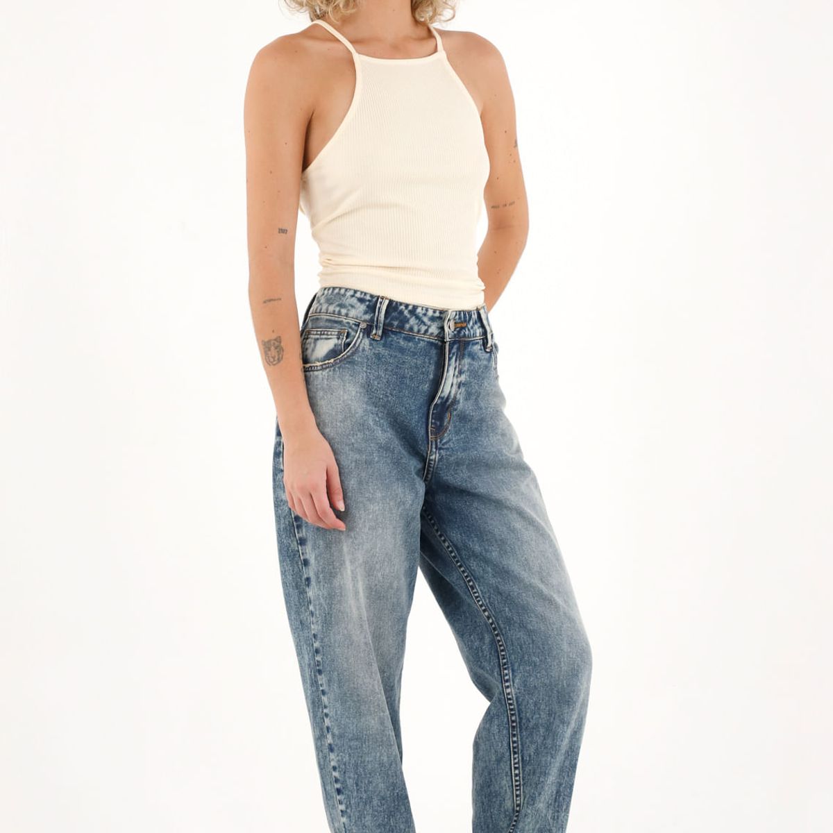 TOPMARK - Jean Boyfriend con ruedo al corte azul para mujer