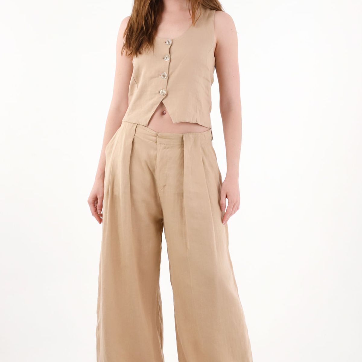 TENNIS - Pantalón Wide Leg en 100% lino con tablas crudo para mujer