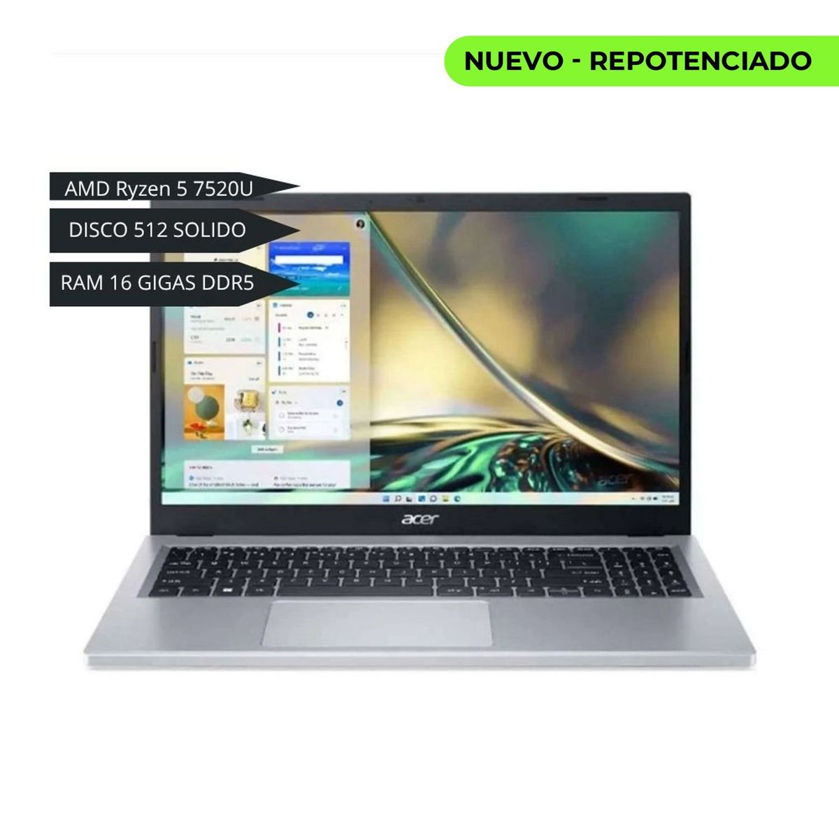 ACER - ACER-AMD Ryzen 5 7520U, SSD 512GB, LPDDR5 16GB, NO DVD, Pantalla 15.6" FHD