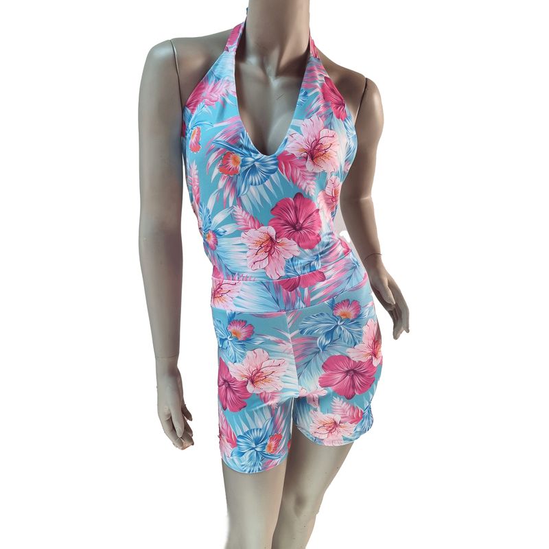 VIA7 - Enterizo corto fondo azul de flores vivas casual y deportivo