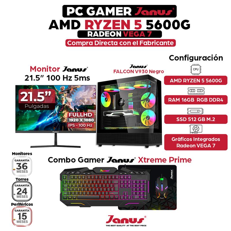 JANUS - Computador Ryzen 5 5600GT RAM 16GB RGB DDR4 SSD 512GB Monitor 22 Pulgadas 100Hz