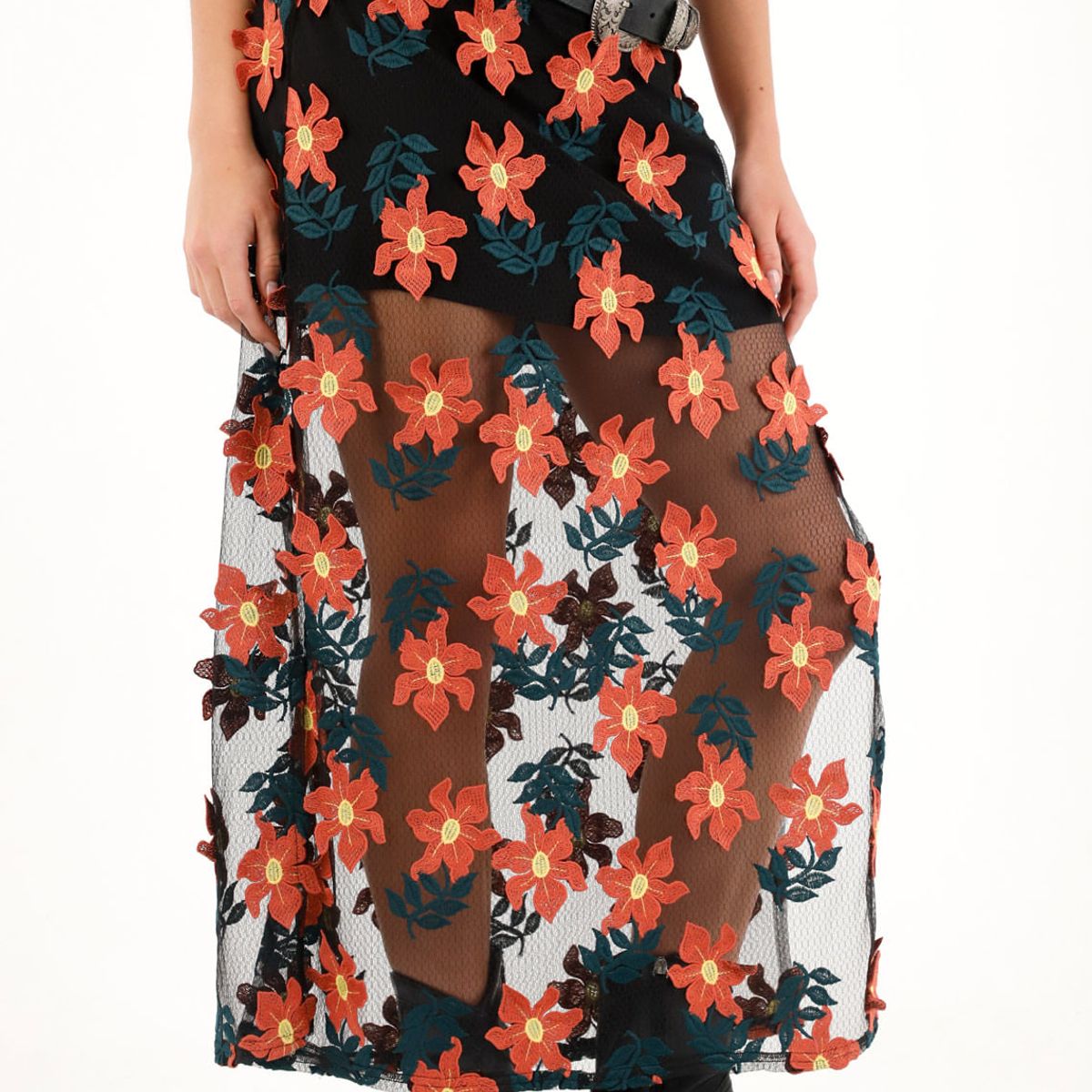 TENNIS - Falda larga con apliques de flores 3D para mujer