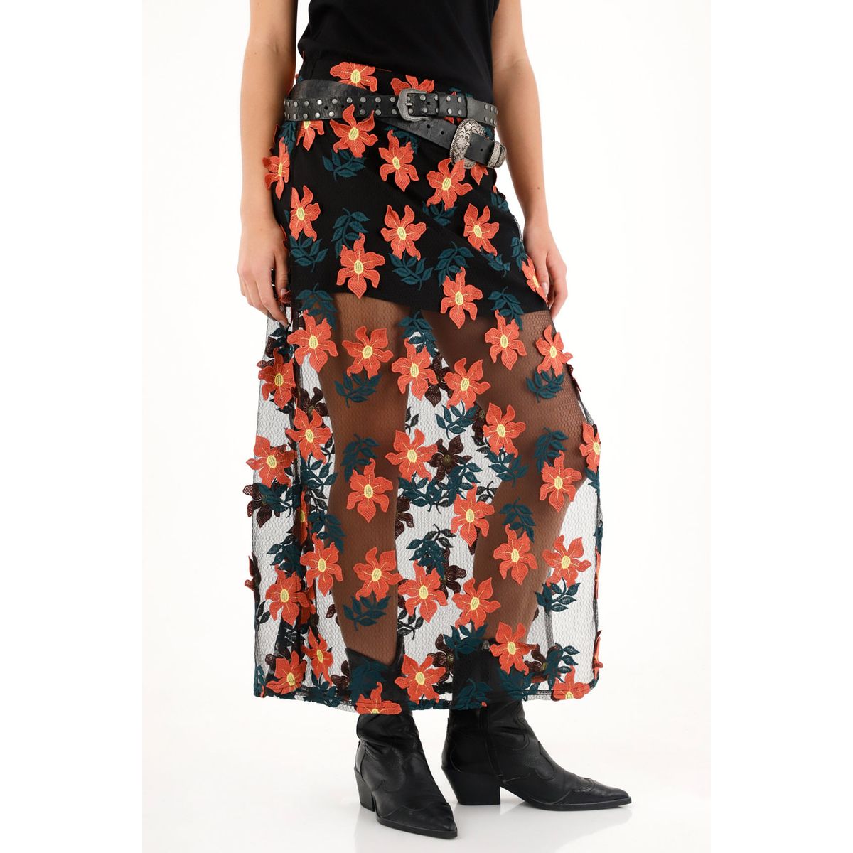 TENNIS - Falda larga con apliques de flores 3D para mujer