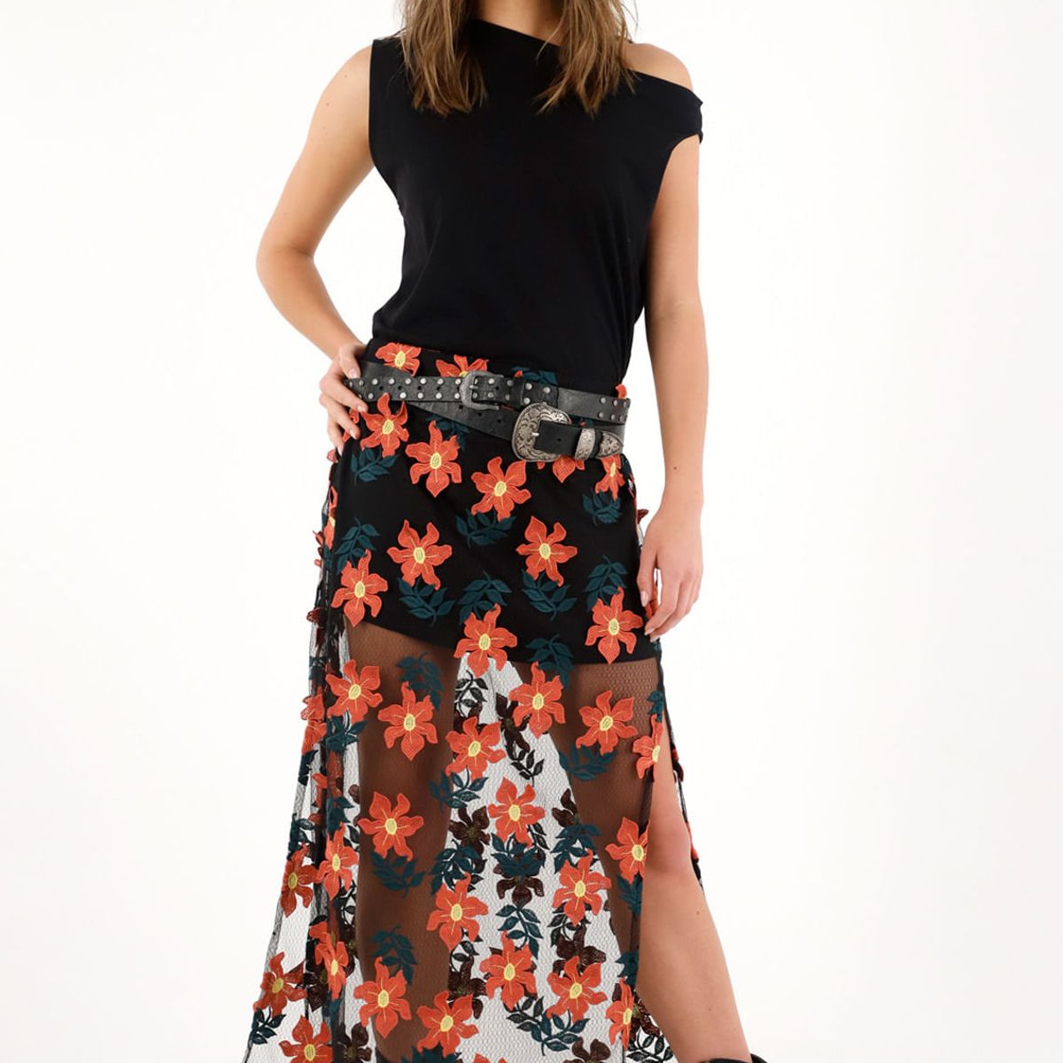 TENNIS - Falda larga con apliques de flores 3D para mujer