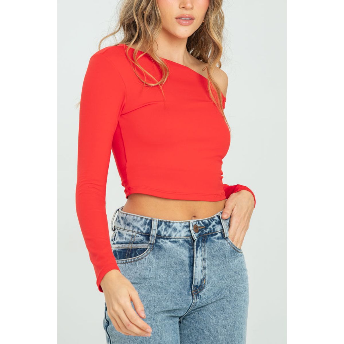 RAGGED - Top asimetrico manga larga Rojo medio Ragged