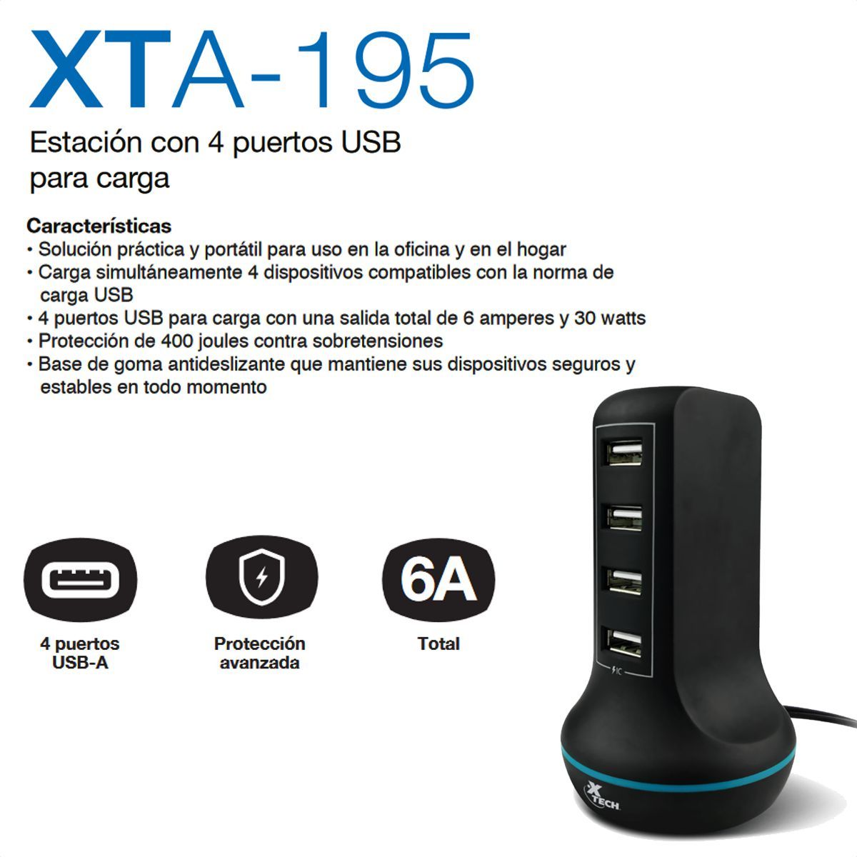 XTECH - Estación De Carga USB 3.0 De 4 Puertos 30W, Xtech XTA-195