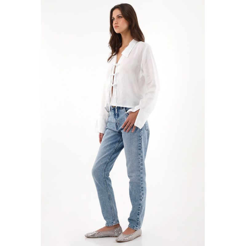 TENNIS - Camisa en 100% lino con tiras que anudan en frente blanca para mujer