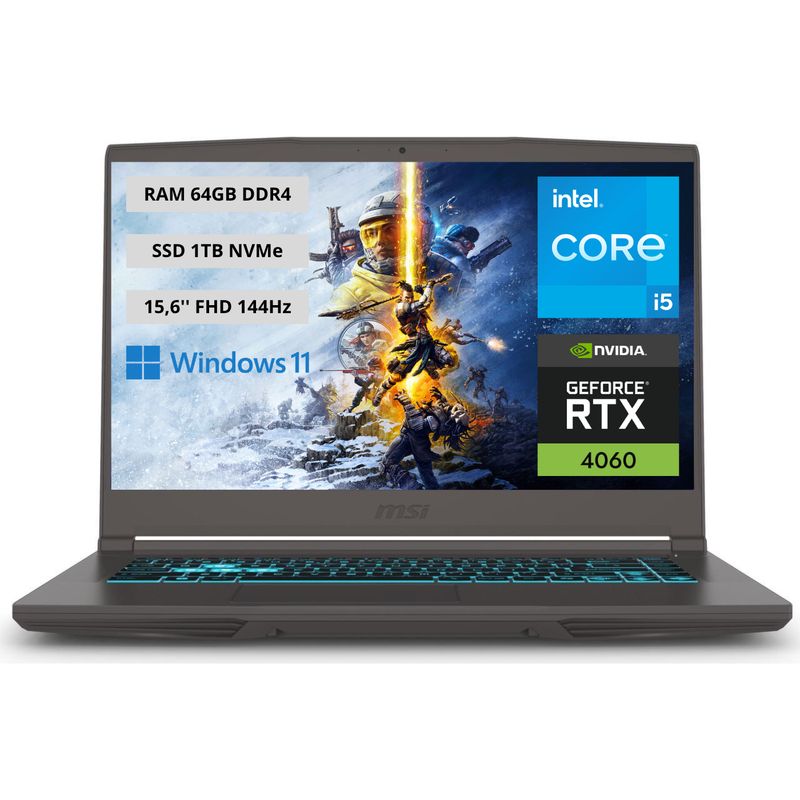 MSI - Portatil Gamer MSI Thin 15 Intel Core i5-13420H RAM 64GB SSD 1TB RTX 4060 8GB