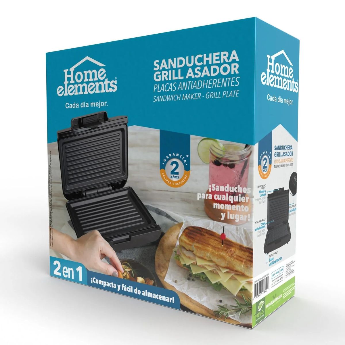 HOME ELEMENTS - Sanduchera Eléctrica Grill Home Elements 299901027 Negro