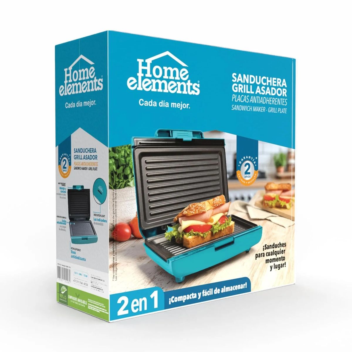 HOME ELEMENTS - Sanduchera Eléctrica Grill Home Elements 299901027 Turquesa
