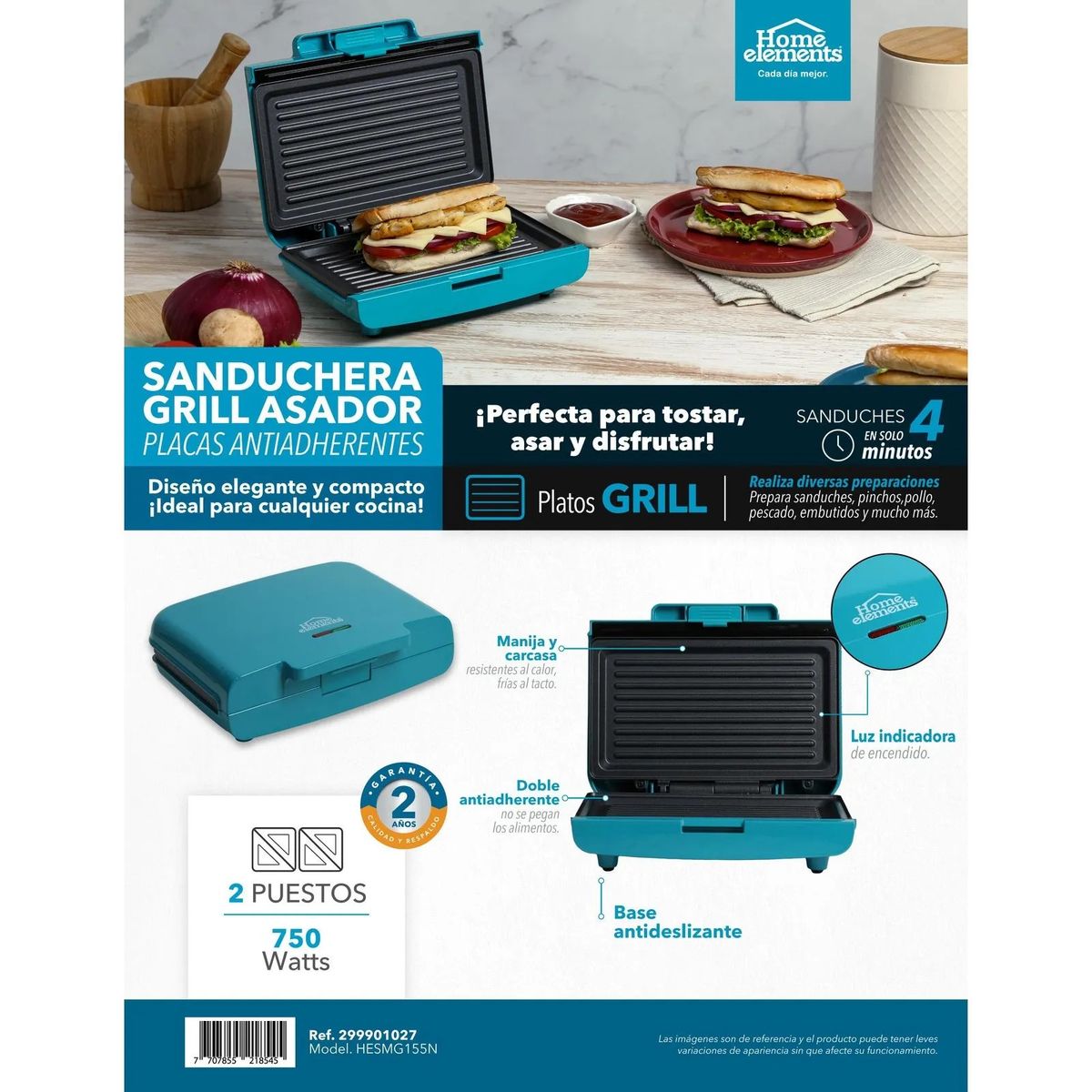 HOME ELEMENTS - Sanduchera Eléctrica Grill Home Elements 299901027 Turquesa