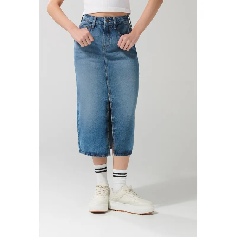 KOAJ - KOAJ Falda larga azul clara en jean con abertura y tiro alto Mujer
