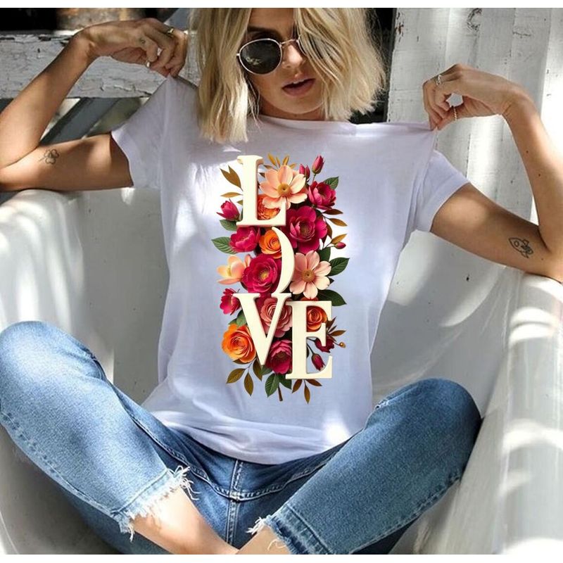 FLORESA - Camiseta Mujer Manga Corta Cuello Redondo Floresa