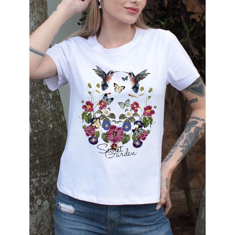FLORESA - Camiseta Mujer Manga Corta Cuello Redondo Floresa
