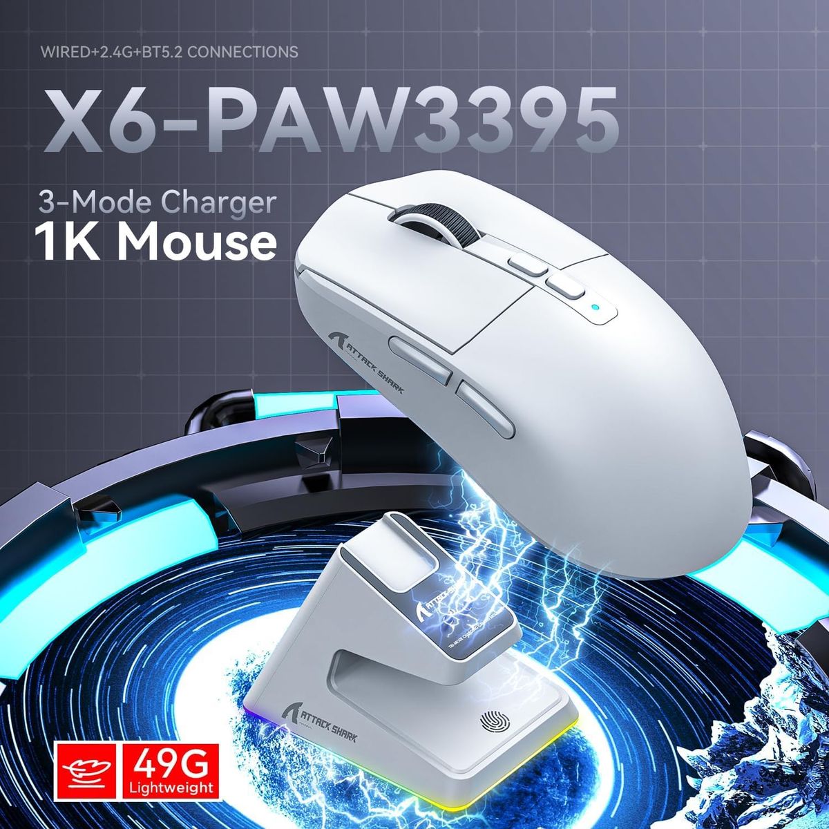 SHARK - Mouse Gamer ATTACK SHARK X6 - 26K DPI, 49g, RGB, Sensor PAW3395