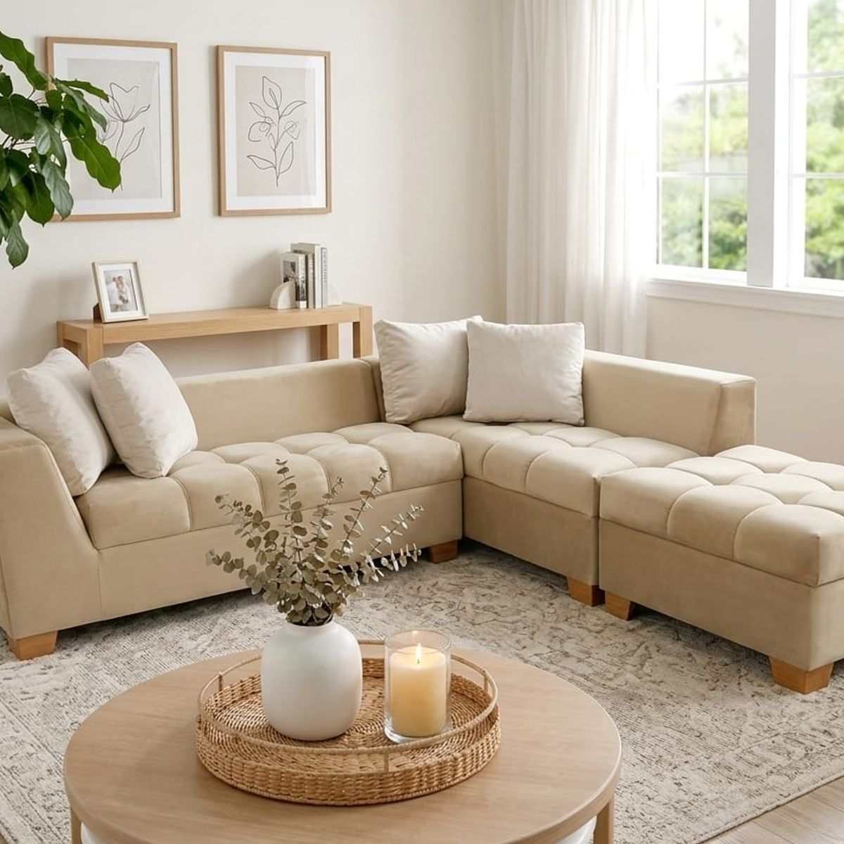 ACQUA MUEBLERIA - Juego de Sala en L París Trigo + Cojines + Puff