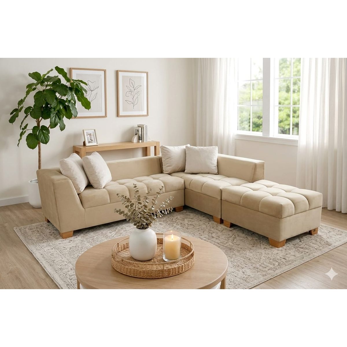 ACQUA MUEBLERIA - Juego de Sala en L París Trigo + Cojines + Puff