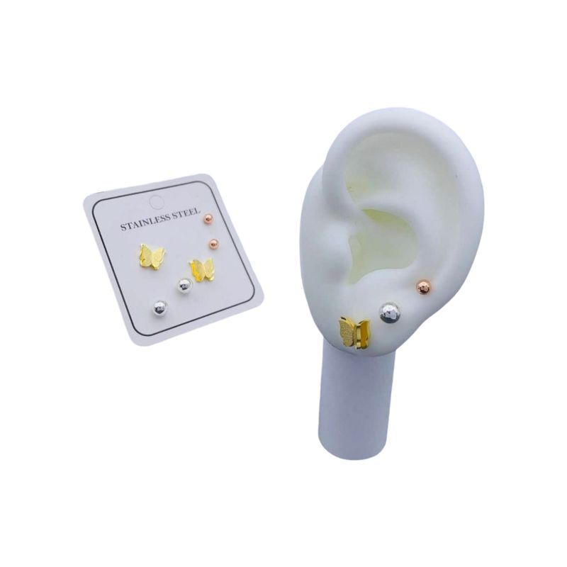 GENERICO - Aretes Topos De Mariposa Tricolor En Acero Inoxidable + Caja