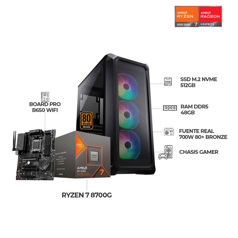 AMD - PC GAMER RYZEN 7 8700G B650 WIFI RAM 48GB SSD 512GB CHASIS COUGAR RGB MESH