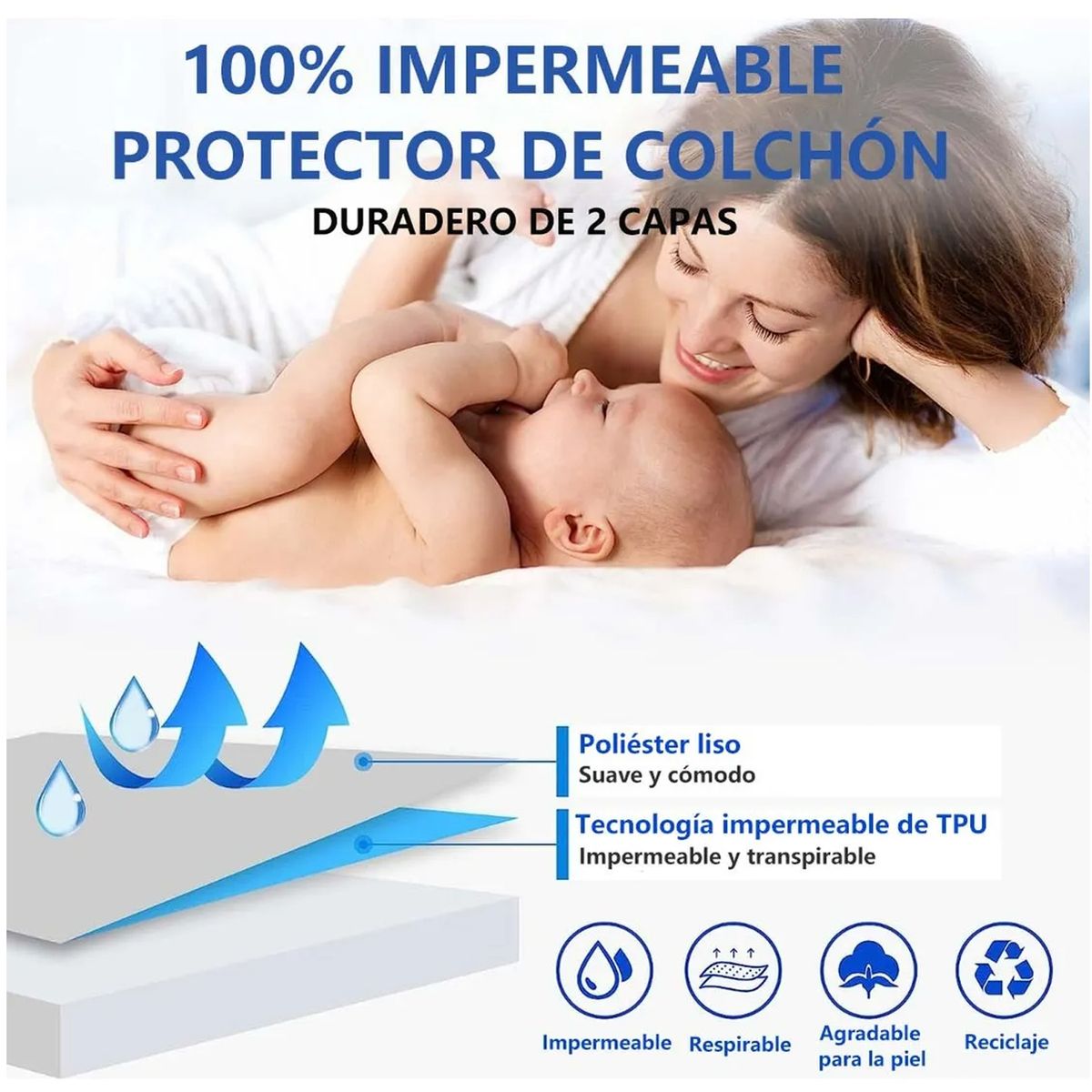 ONE PIXEL - Protector De Colchon Impermeable Antifluidos Cama Doble