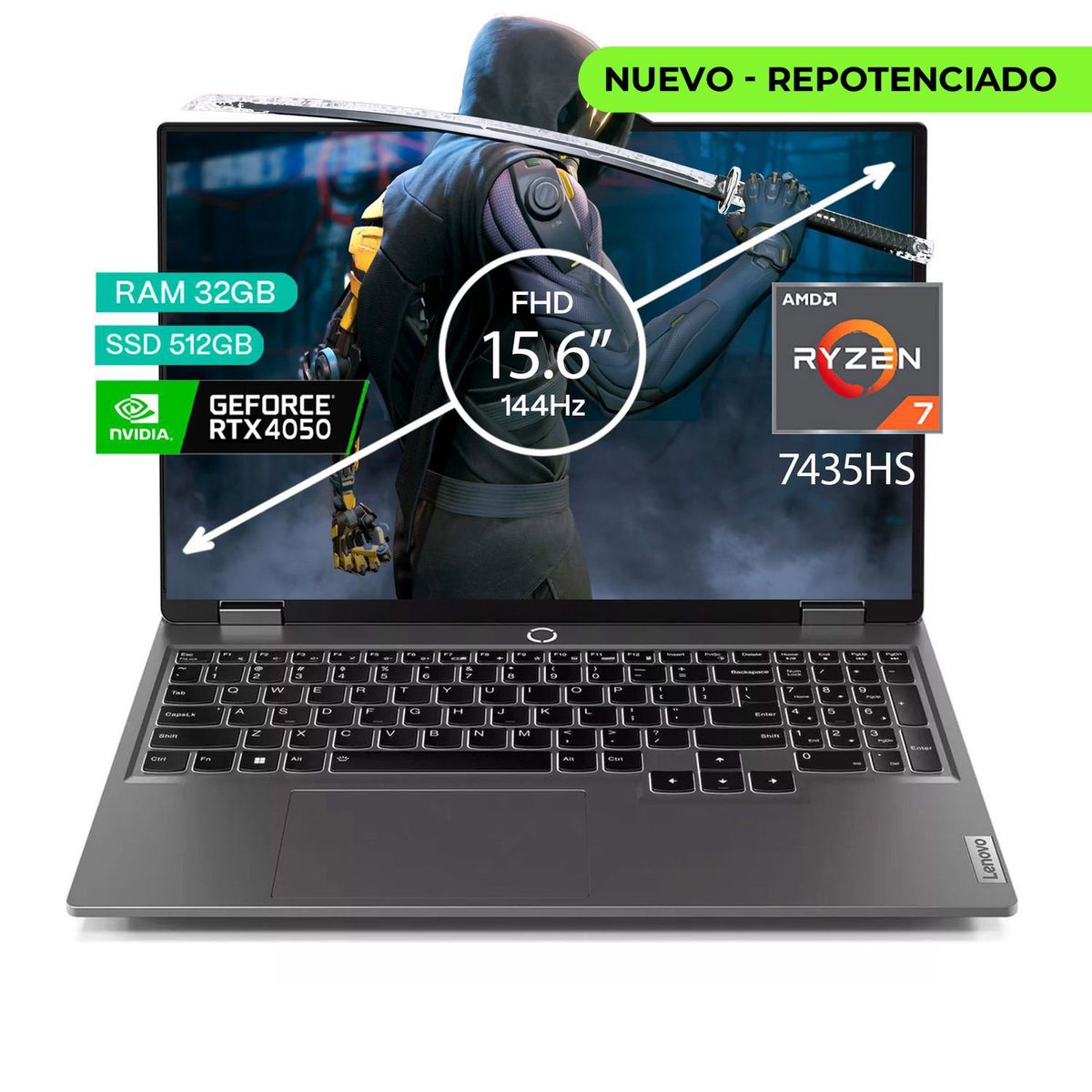 LENOVO - Portátil Gamer Lenovo LOQ AMD RYZEN 7 7435hs 32gb Ram Ssd 512 Gb 15.6 FHD Ips 144hz Rtx 4050 6GB.