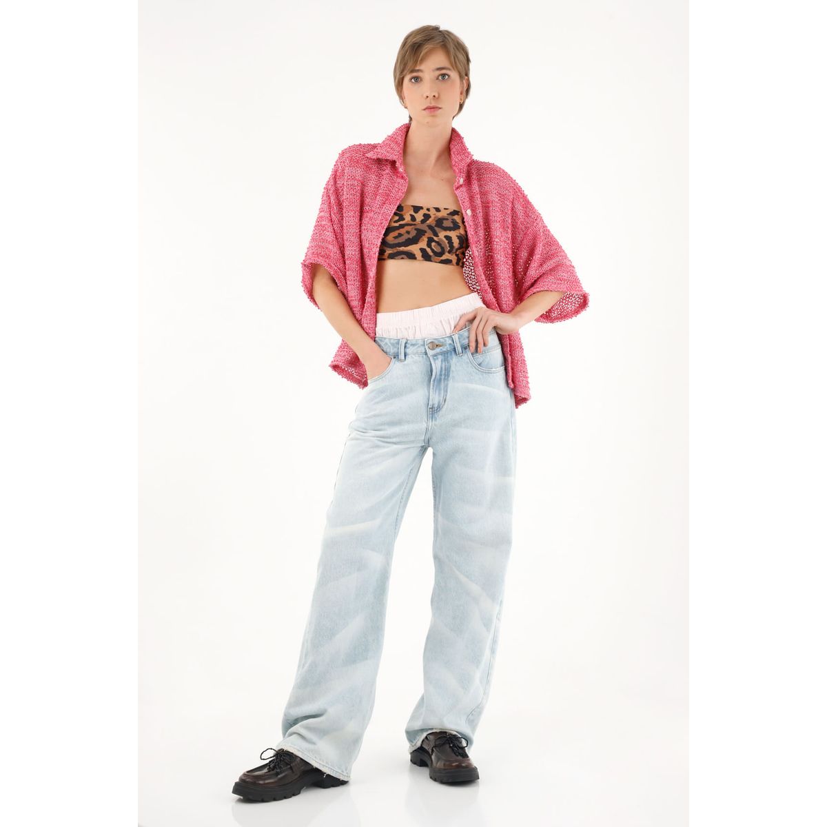 TENNIS - Camisa rosada en tela tipo tweed para mujer