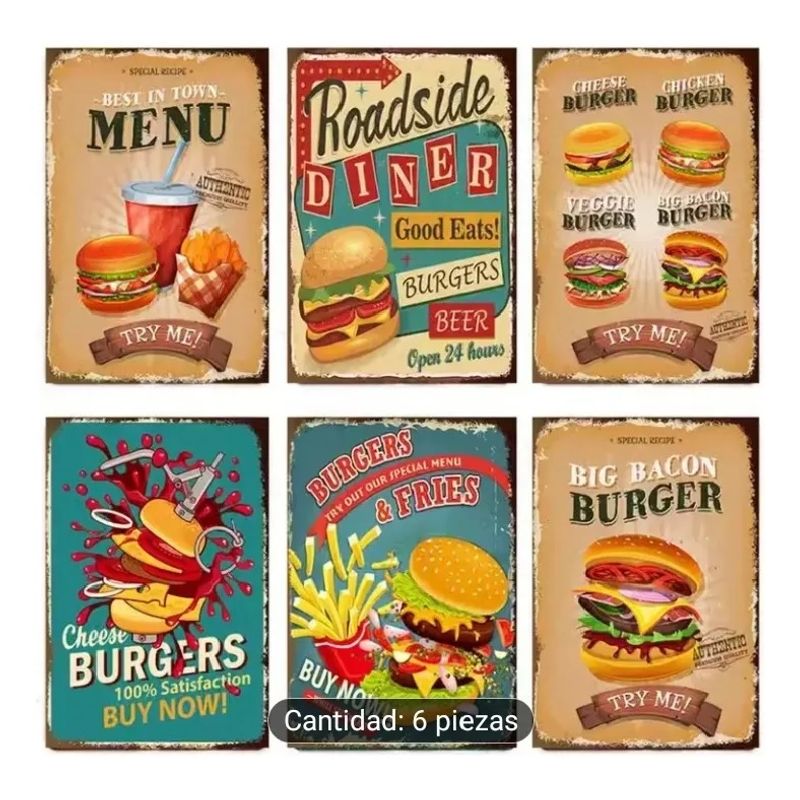GENERICO - Aviso Metal Retro Burger Vintage Usa Pintado Sobre Lamina