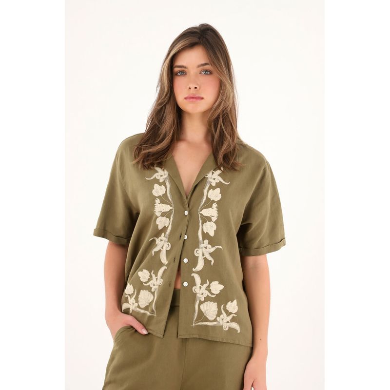 TENNIS - Camisa tipo bowling con detalles imitación bordado para mujer