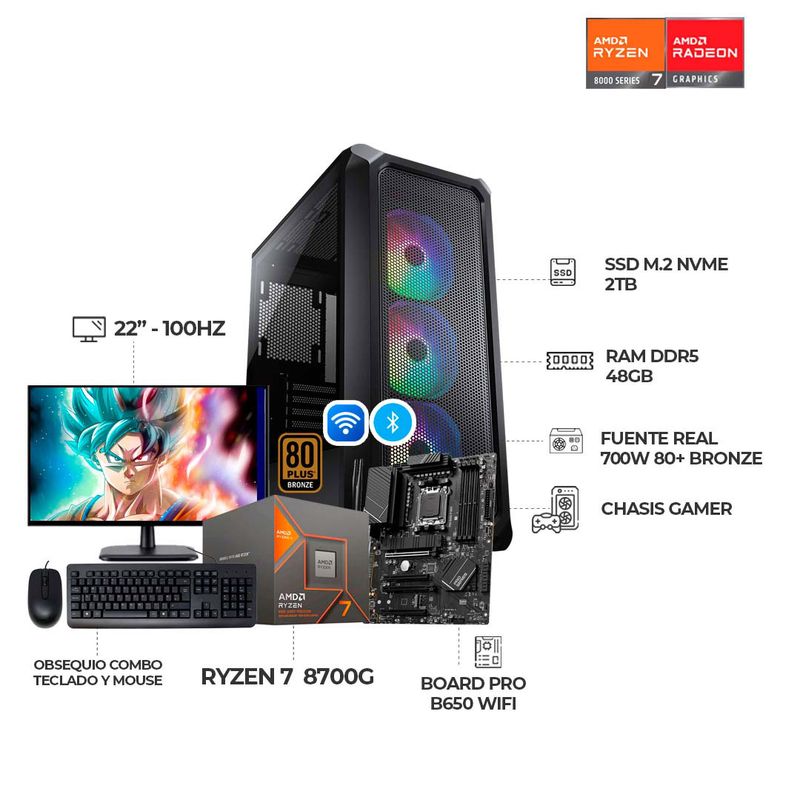 AMD - PC RYZEN 7 8700G B650 WIFI RAM 48GB SSD 2TB CHASIS COUGAR + MONITOR 22" FHD