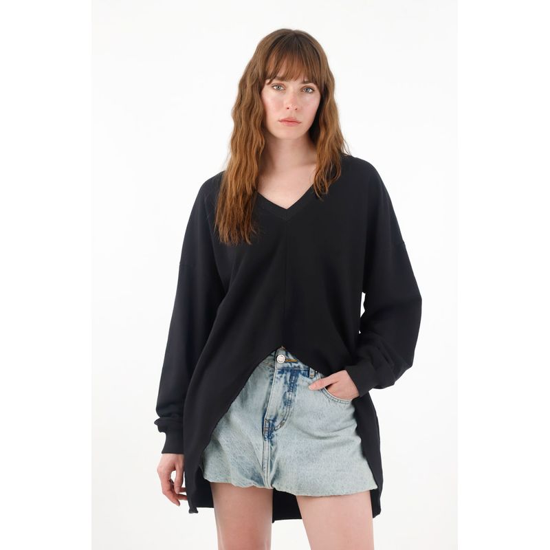 TENNIS - Buzo amplio cuello en V negro para mujer