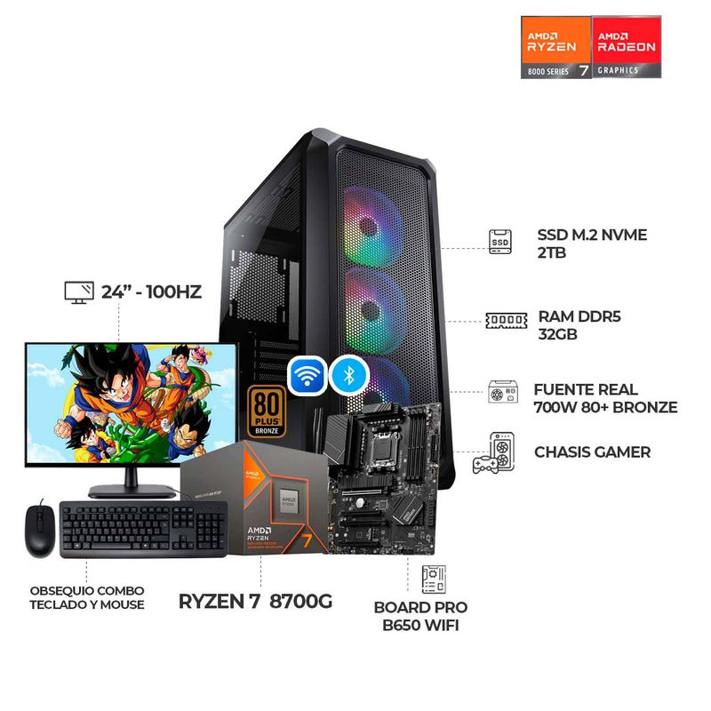 AMD - PC RYZEN 7 8700G B650 WIFI RAM 32GB SSD 2TB CHASIS COUGAR + MONITOR 24" FHD